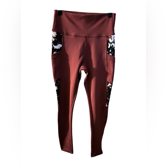 BSP | High-Waist Maroon Pocket Leggings with Floral Panels | Size Small - Picture 3 of 14